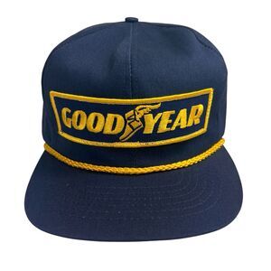 Vintage 80s Goodyear Racing Blue Patch Gold Rope Snapback Trucker Hat USA Made